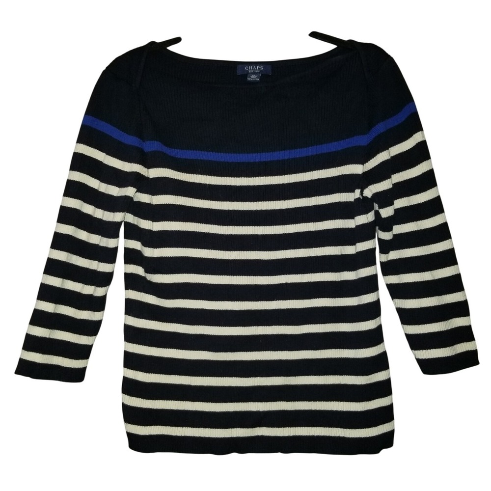 Chaps Women's XL Striped Sweater Navy Blue White Boatneck 100% Cotton Knit Top